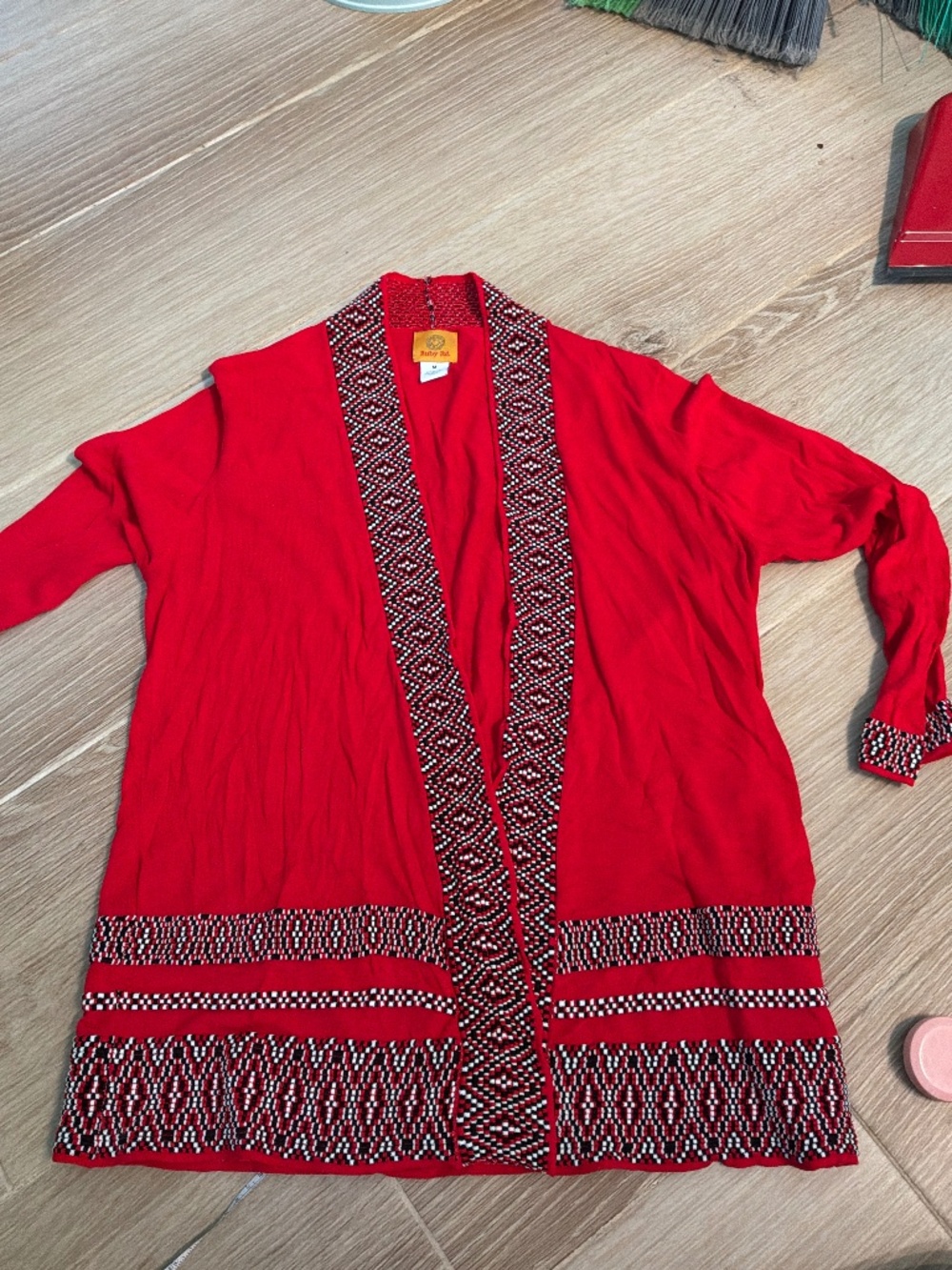 Ruby Rd. Red Knit Open-Front Geometric Cardigan Sweater - Women's Size Medium
